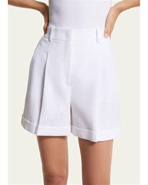 michael kors white linen short with black embroidery|Pleated Linen Blend Shorts .